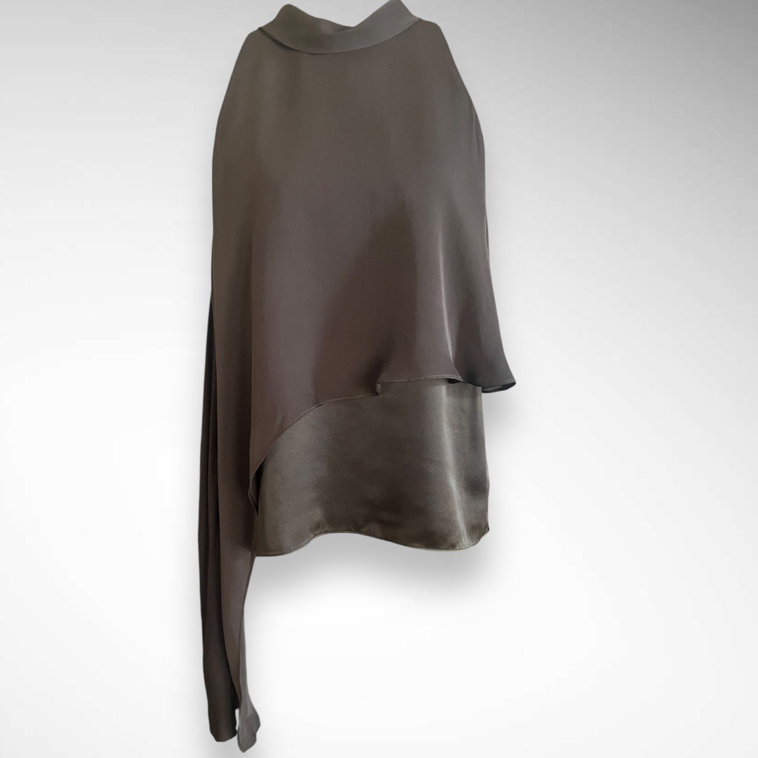 Halston Olive Green 100% Silk Asymmetrical Halter Top Blouse Size 8 | Euc